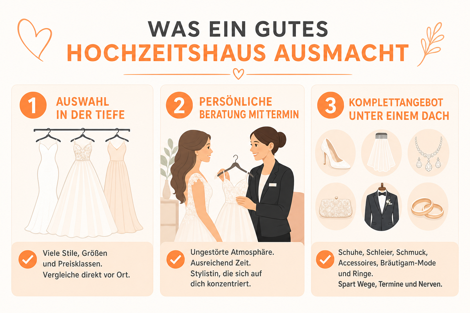 Infografik: Was ein gutes Hochzeitshaus ausmacht 1. Auswahl in der Tiefe: Eine große Bandbreite an Kleidern in verschiedenen Stilen,...