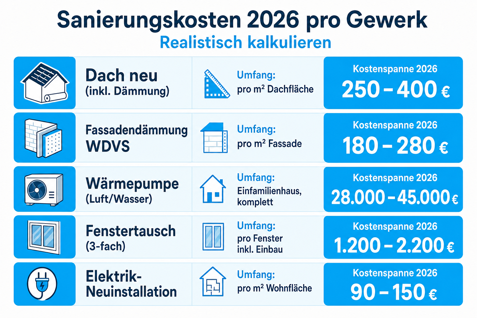 Infografik: Sanierungskosten 2026 pro Gewerk realistisch kalkulieren Gewerk: Dach neu (inkl. Dämmung) | Umfang: pro m² Dachfläche |...
