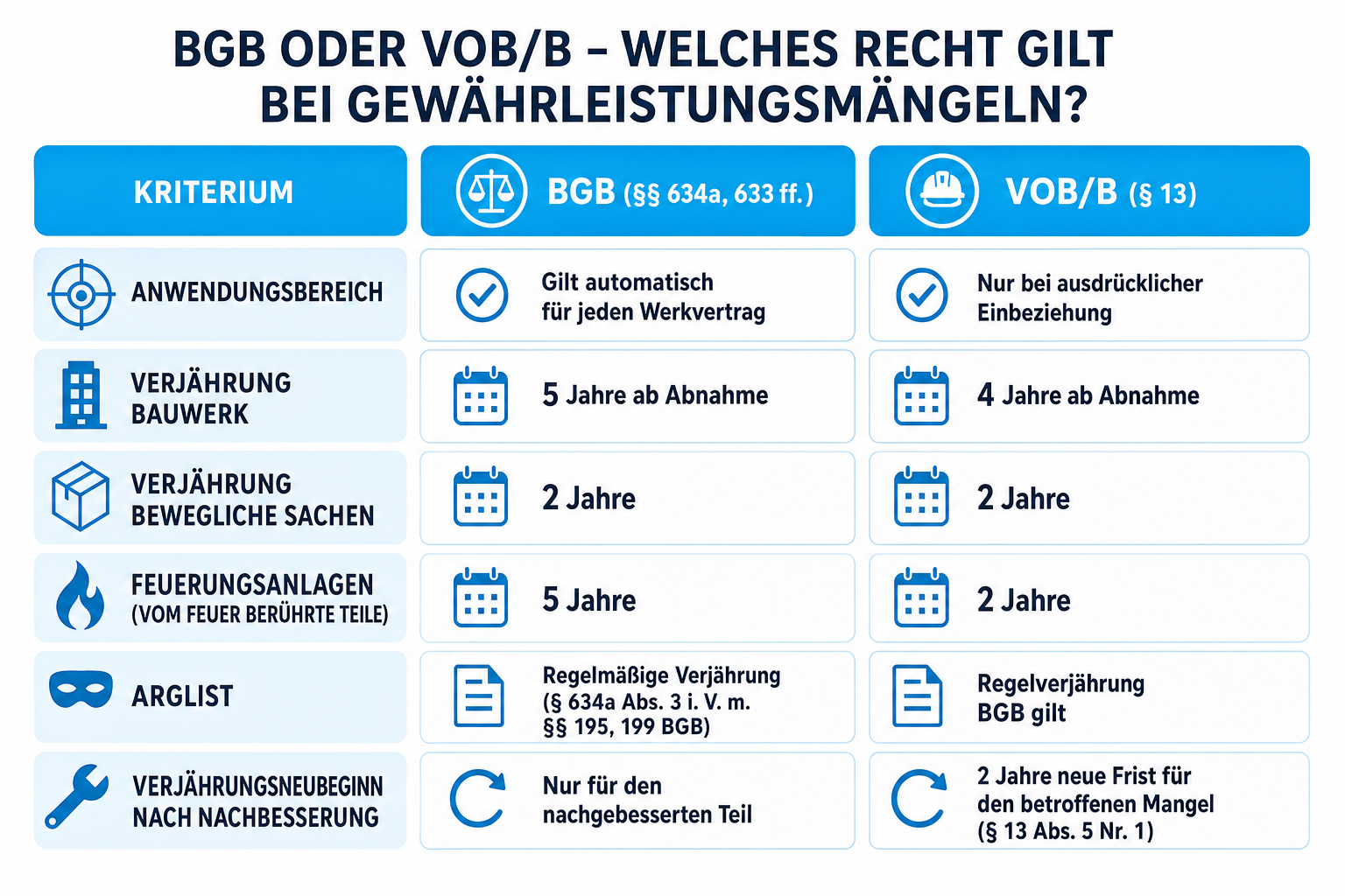 Infografik: BGB oder VOB/B, welches Recht bei Gewährleistungsmängeln gilt Kriterium: Anwendungsbereich | BGB (§§ 634a, 633 ff.): gil...