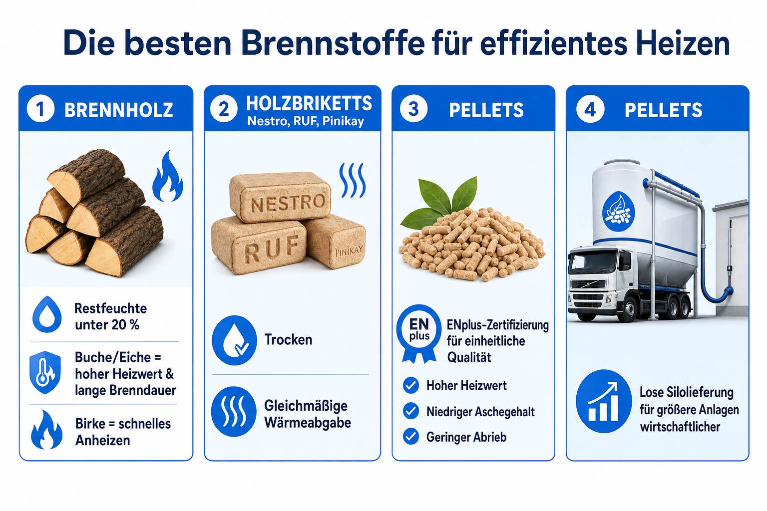 Infografik: Brennholz: Restfeuchte unter 20 %, Buche/Eiche = hoher Heizwert & lange Brenndauer, Birke = schnelles Anheizen. Holzbrik...