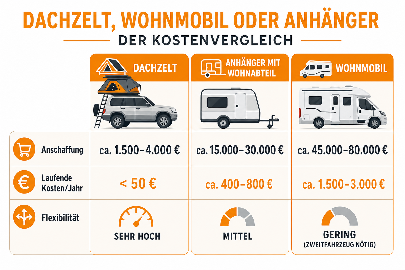 Infografik: Dachzelt, Wohnmobil oder Anhänger mit Wohnabteil – der Kostenvergleich Option: Dachzelt | Anschaffung: ca. 1.500–4.000 €...