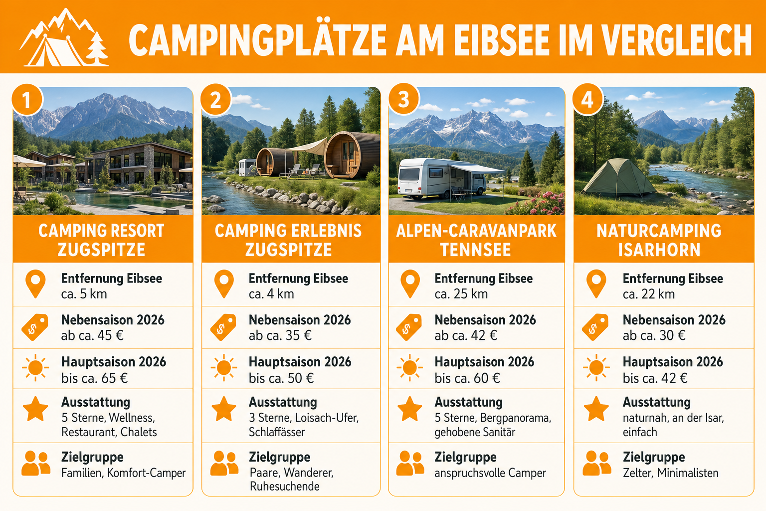 Infografik: Campingplätze am Eibsee im Vergleich Campingplatz: Camping Resort Zugspitze | Entfernung Eibsee: ca. 5 km | Nebensaison...