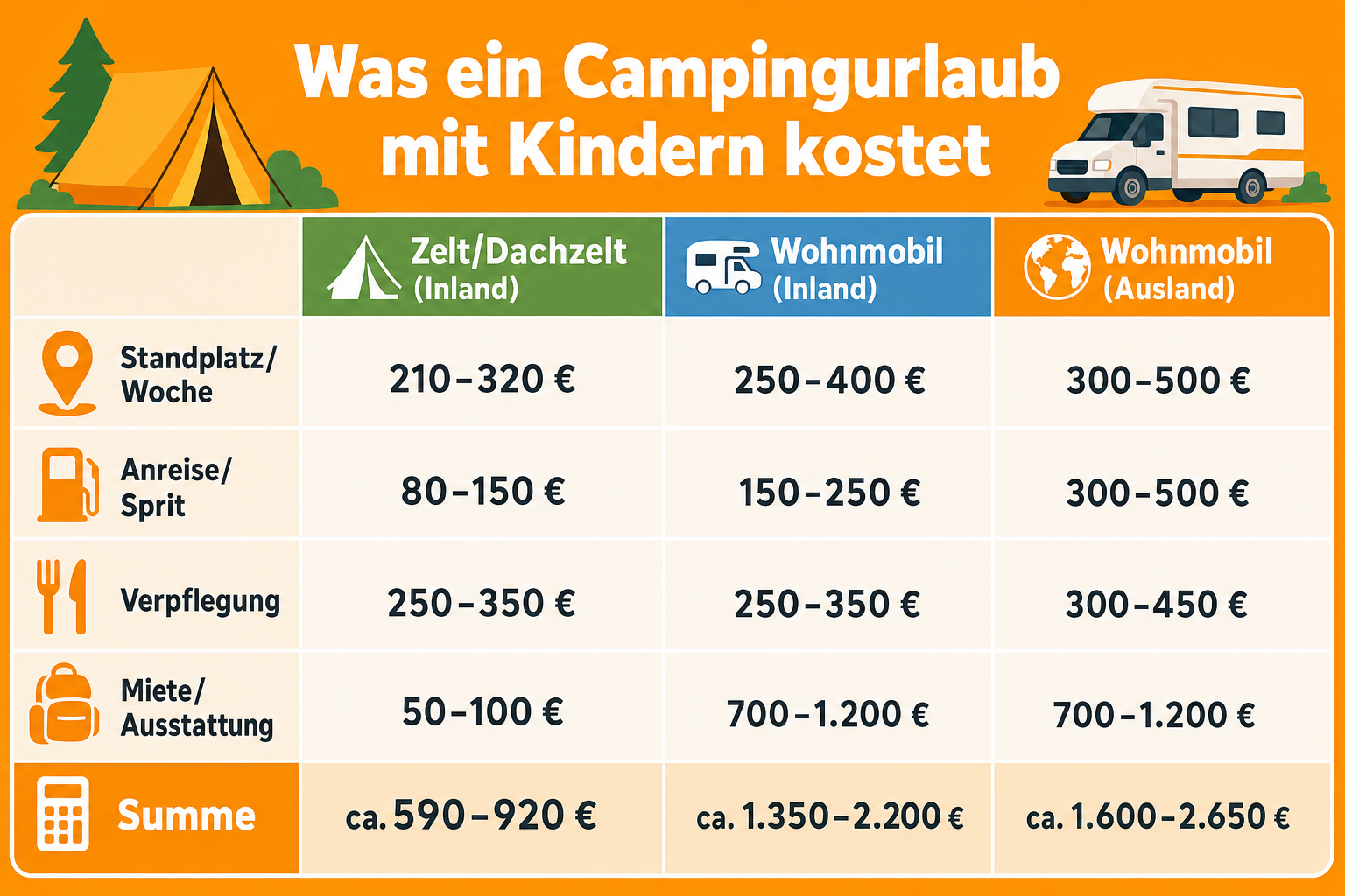Infografik: Was ein Campingurlaub mit Kindern kostet Posten: Standplatz/Woche | Zelt/Dachzelt (Inland): 210–320 € | Wohnmobil (Inlan...