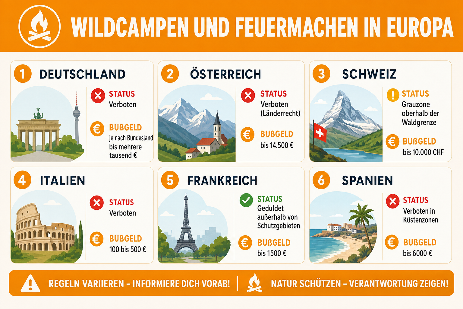 Infografik: Wildcampen und Feuermachen in Europa Land: Deutschland | Status: Verboten | Bußgeld: je nach Bundesland bis mehrere taus...