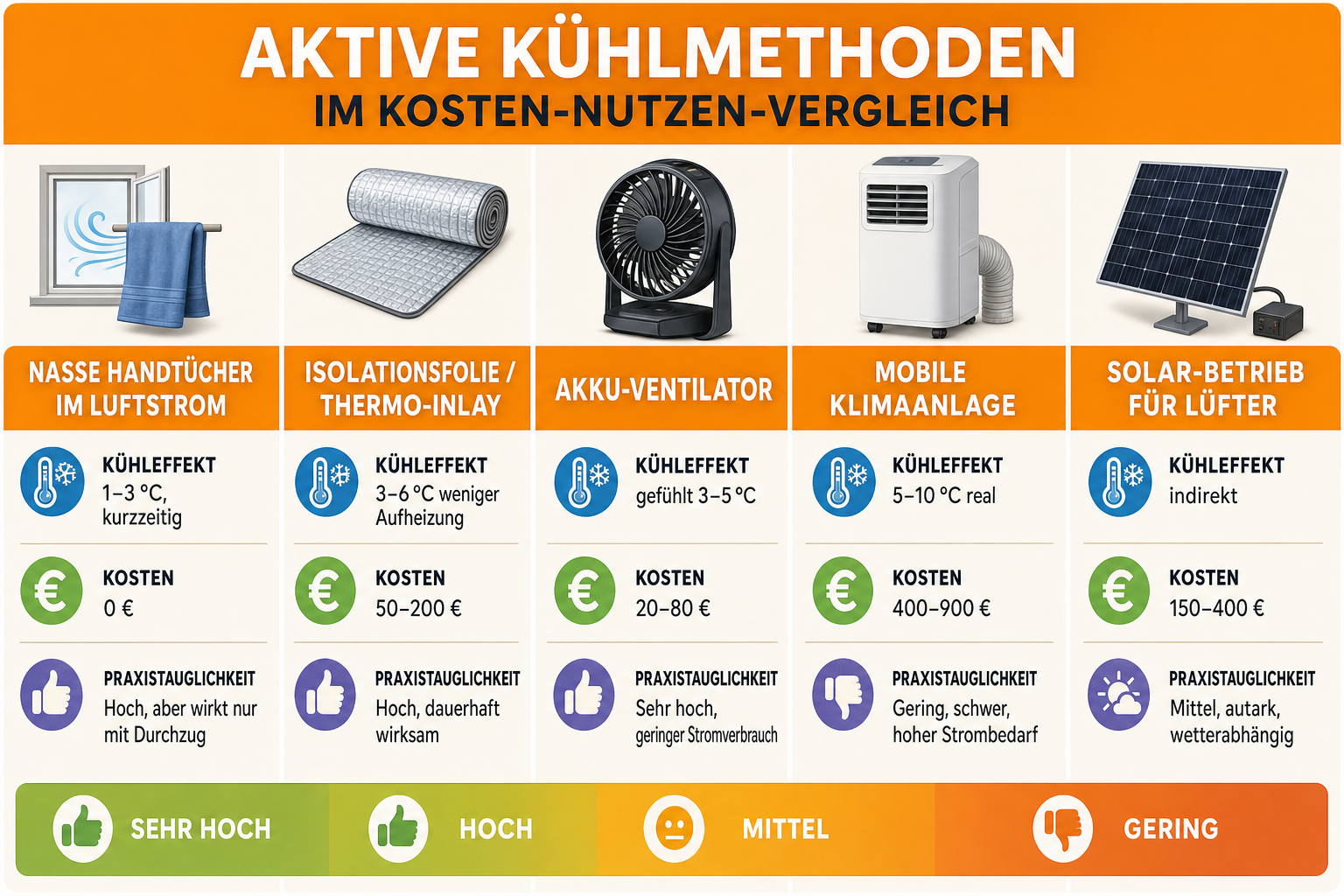 Infografik: Aktive Kühlungsmethoden im Kosten-Nutzen-Vergleich Methode: Nasse Handtücher im Luftstrom | Kühleffekt: 1–3 °C, kurzzeit...