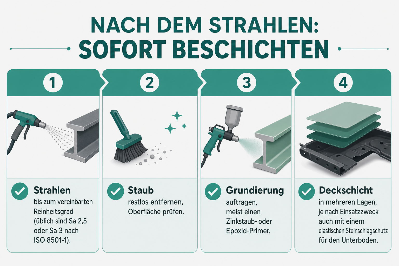 Infografik: Nach dem Strahlen: sofort beschichten 1. Strahlen bis zum vereinbarten Reinheitsgrad (üblich sind Sa 2,5 oder Sa 3 nach...