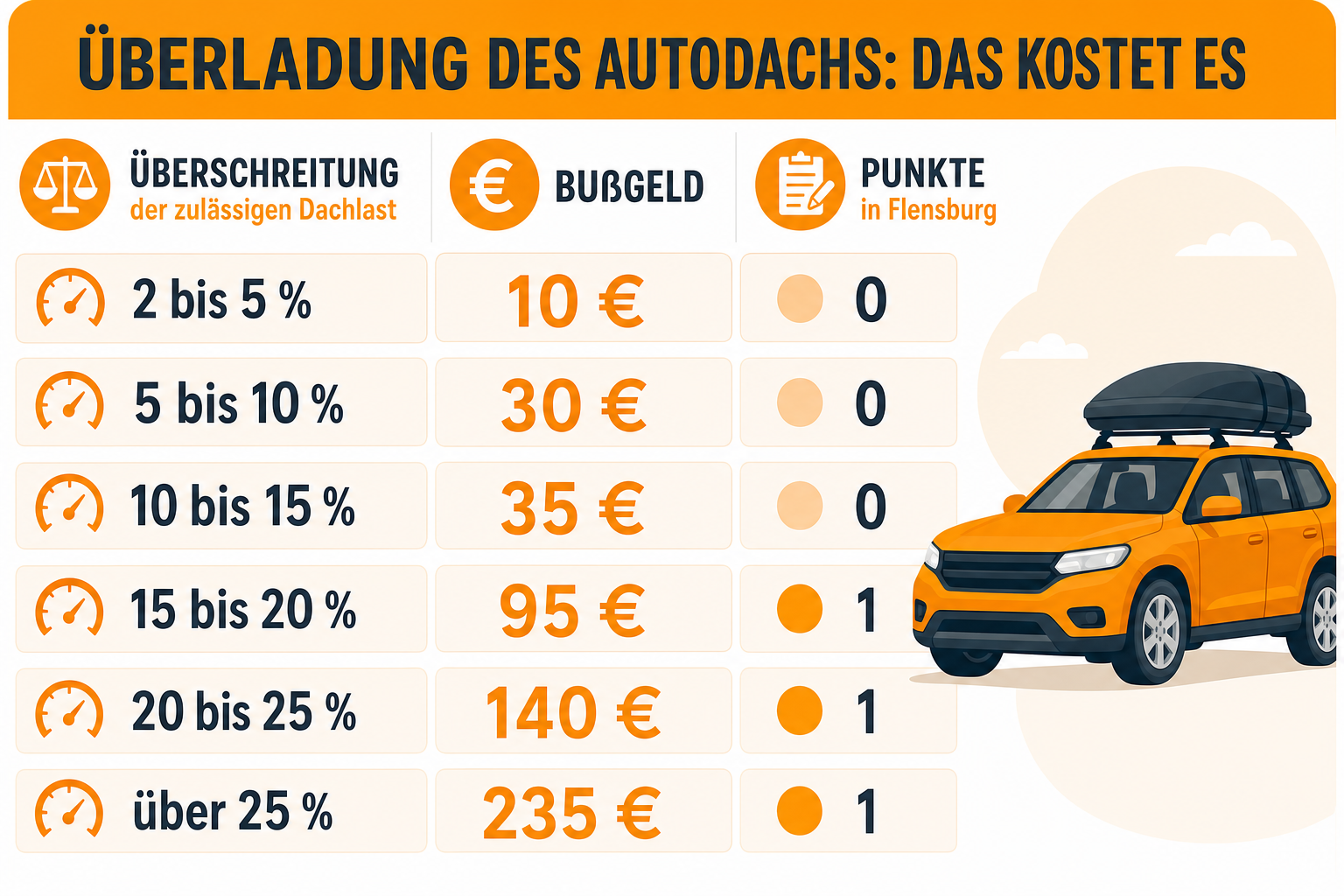 Infografik: Bußgelder, Versicherung und HU bei Überladung des Autodachs Überschreitung: 2 bis 5 % | Bußgeld: 10 € | Punkte in Flensb...