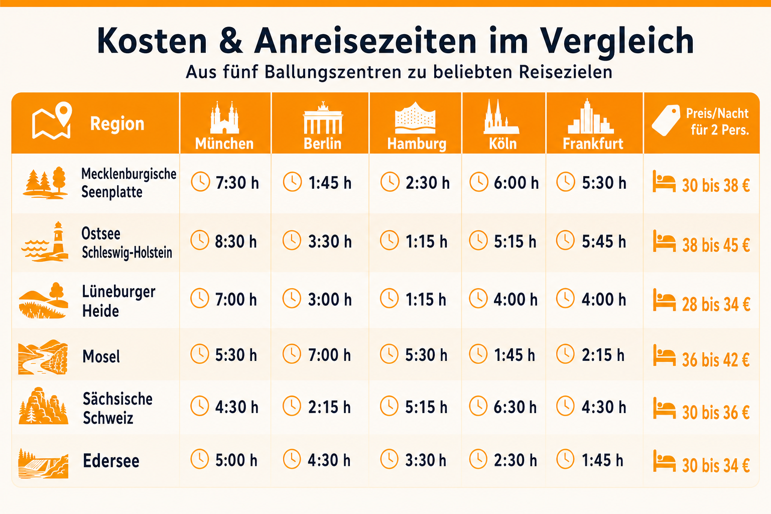 Infografik: Kosten und Anreisezeiten aus fünf Ballungszentren im Vergleich Region: Mecklenburgische Seenplatte | München: 7:30 h | B...