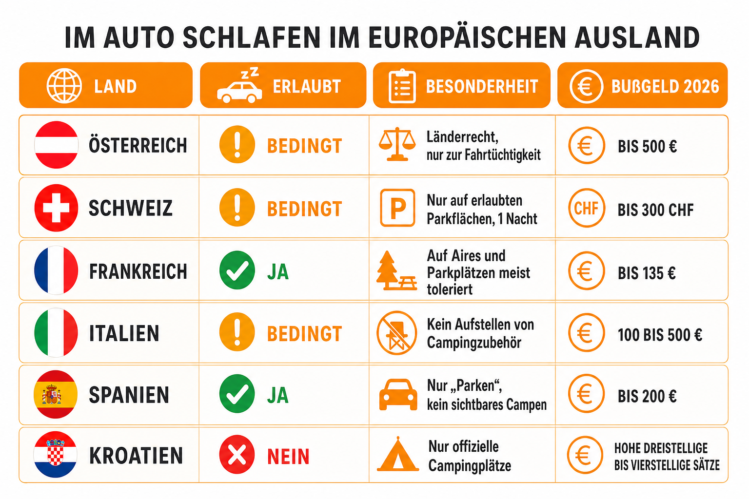 Infografik: Im Auto schlafen im europäischen Ausland Land: Österreich | Erlaubt: Bedingt | Besonderheit: Länderrecht, nur zur Fahrtü...