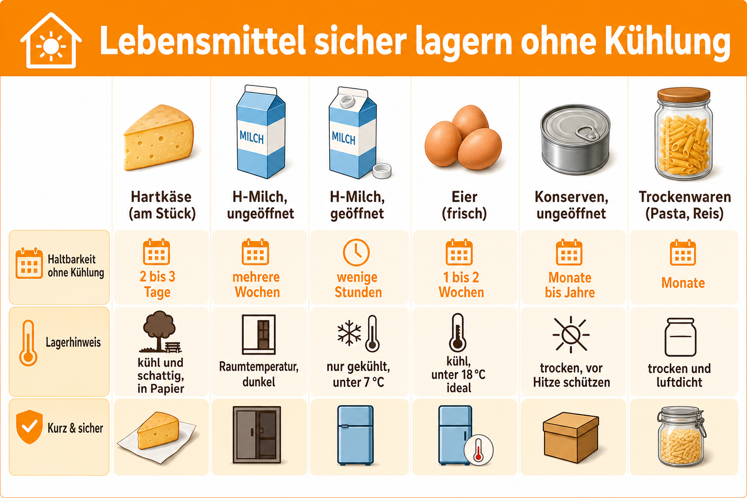Infografik: Lebensmittel sicher lagern ohne Kühlung Lebensmittel: Hartkäse (am Stück) | Haltbarkeit ohne Kühlung: 2 bis 3 Tage | Lag...