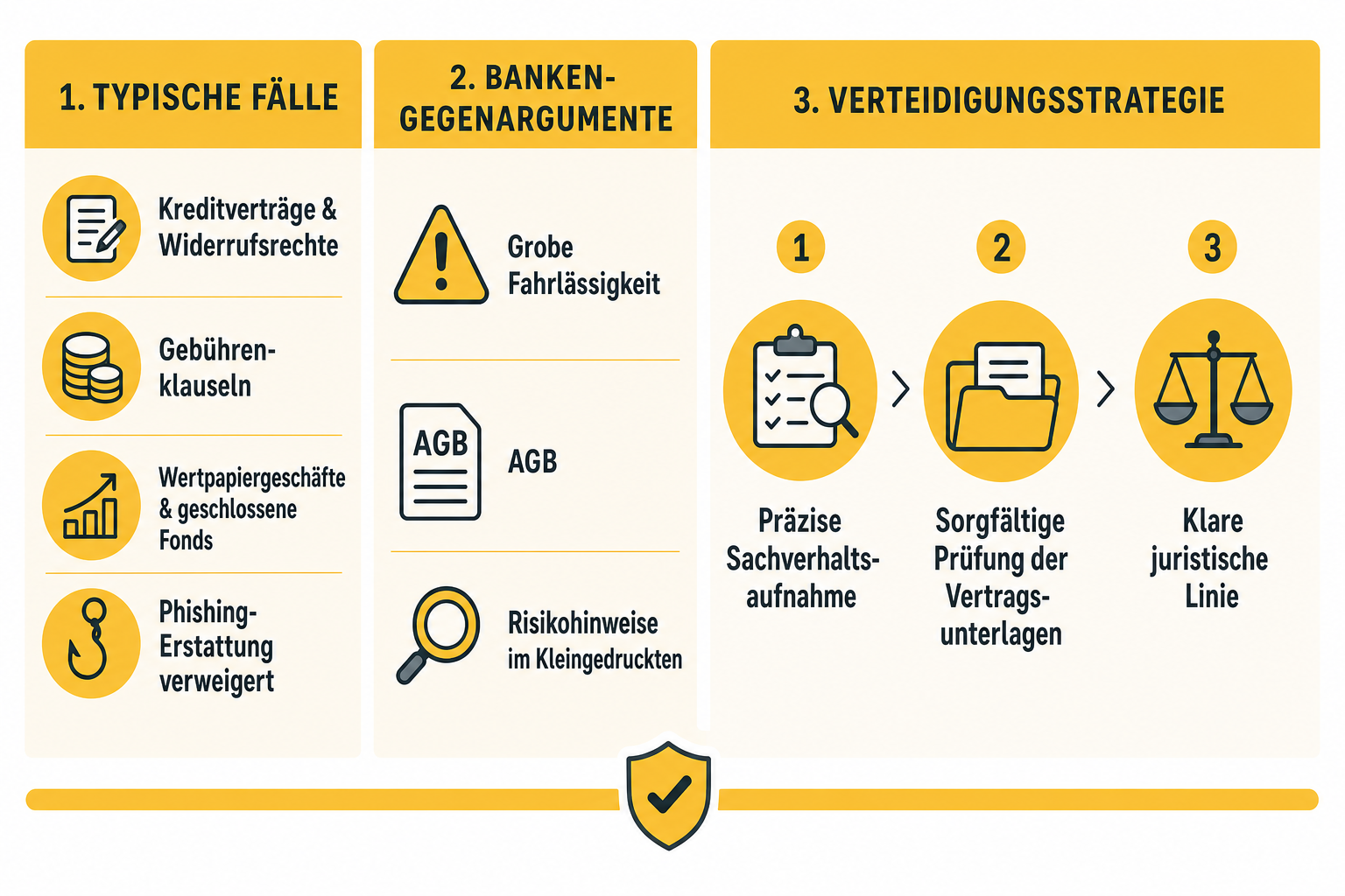 Infografik: Typische Fälle: Kreditverträge & Widerrufsrechte, Gebührenklauseln, Wertpapiergeschäfte & geschlossene Fonds, Phishing-E...