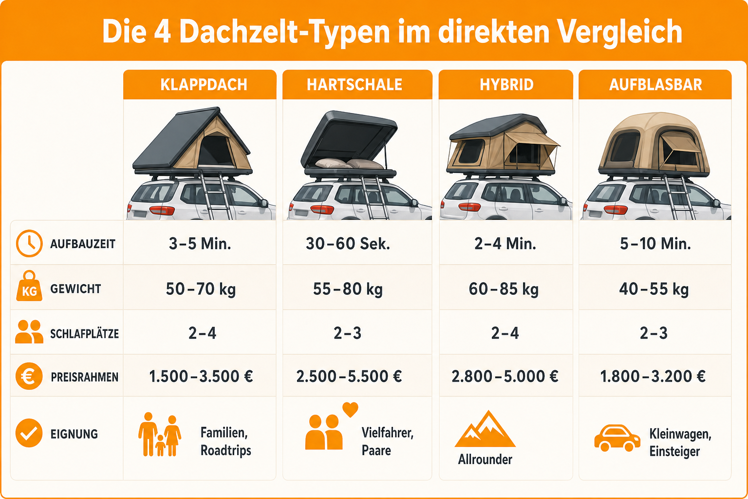 Infografik: Die vier Dachzelt-Typen im direkten Vergleich Typ: Klappdach | Aufbauzeit: 3 bis 5 Min. | Gewicht: 50 bis 70 kg | Schlaf...