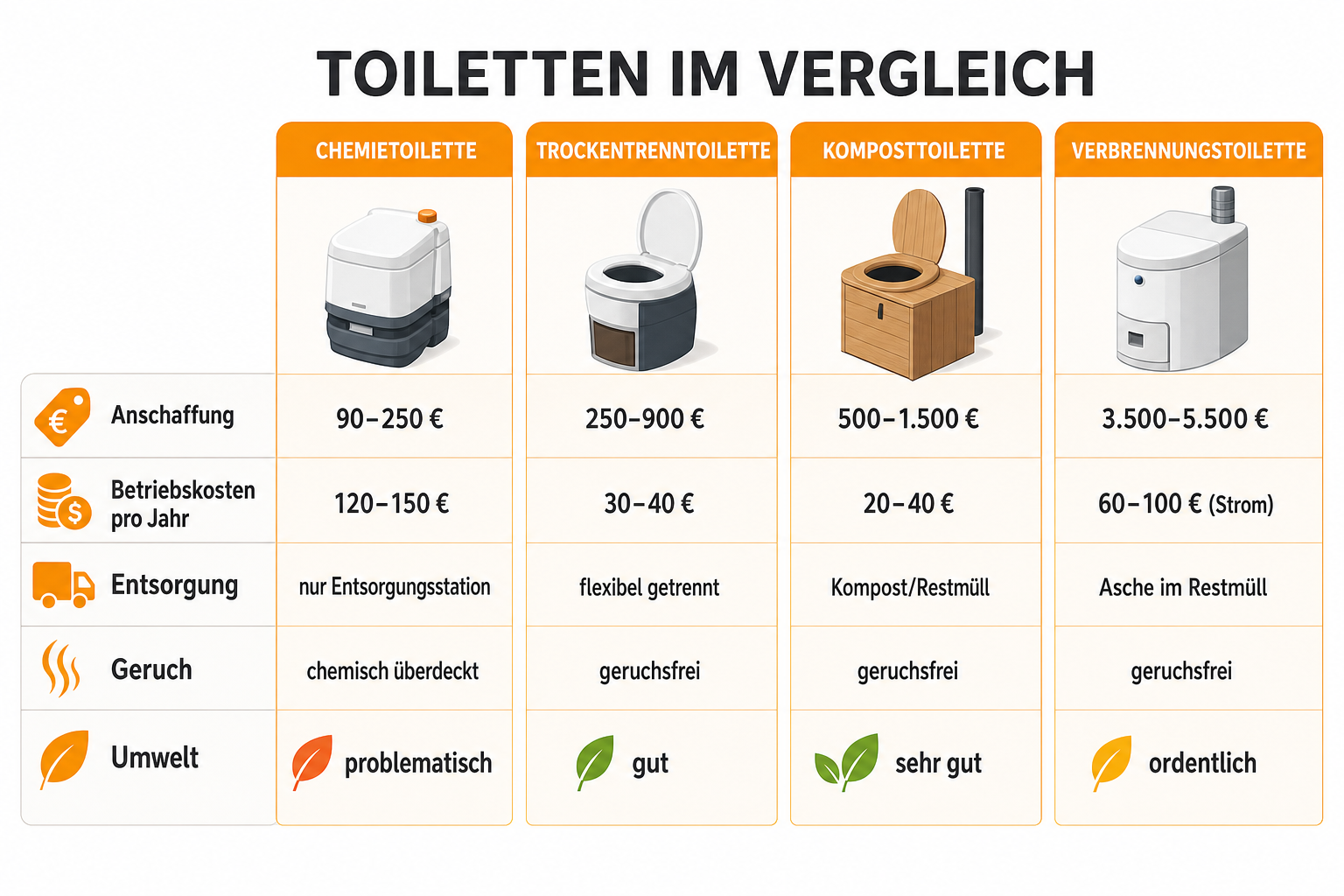 Infografik: Chemietoilette oder Trenntoilette, die Kaufentscheidung im Detail Typ: Chemietoilette | Anschaffung: 90–250 € | Betriebs...
