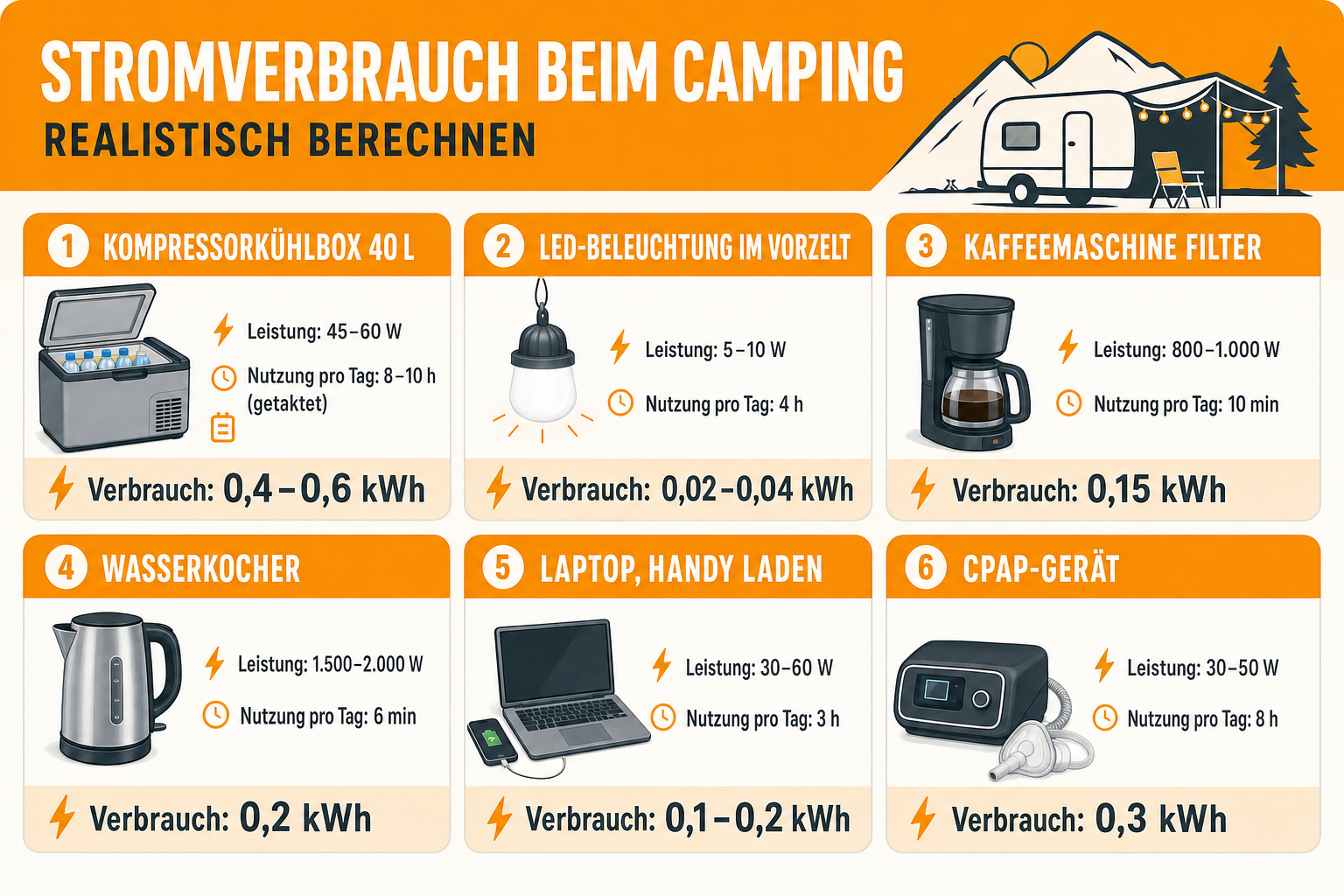 Infografik: Stromverbrauch beim Camping realistisch berechnen Gerät: Kompressorkühlbox 40 l | Leistung: 45 bis 60 W | Nutzung pro Ta...