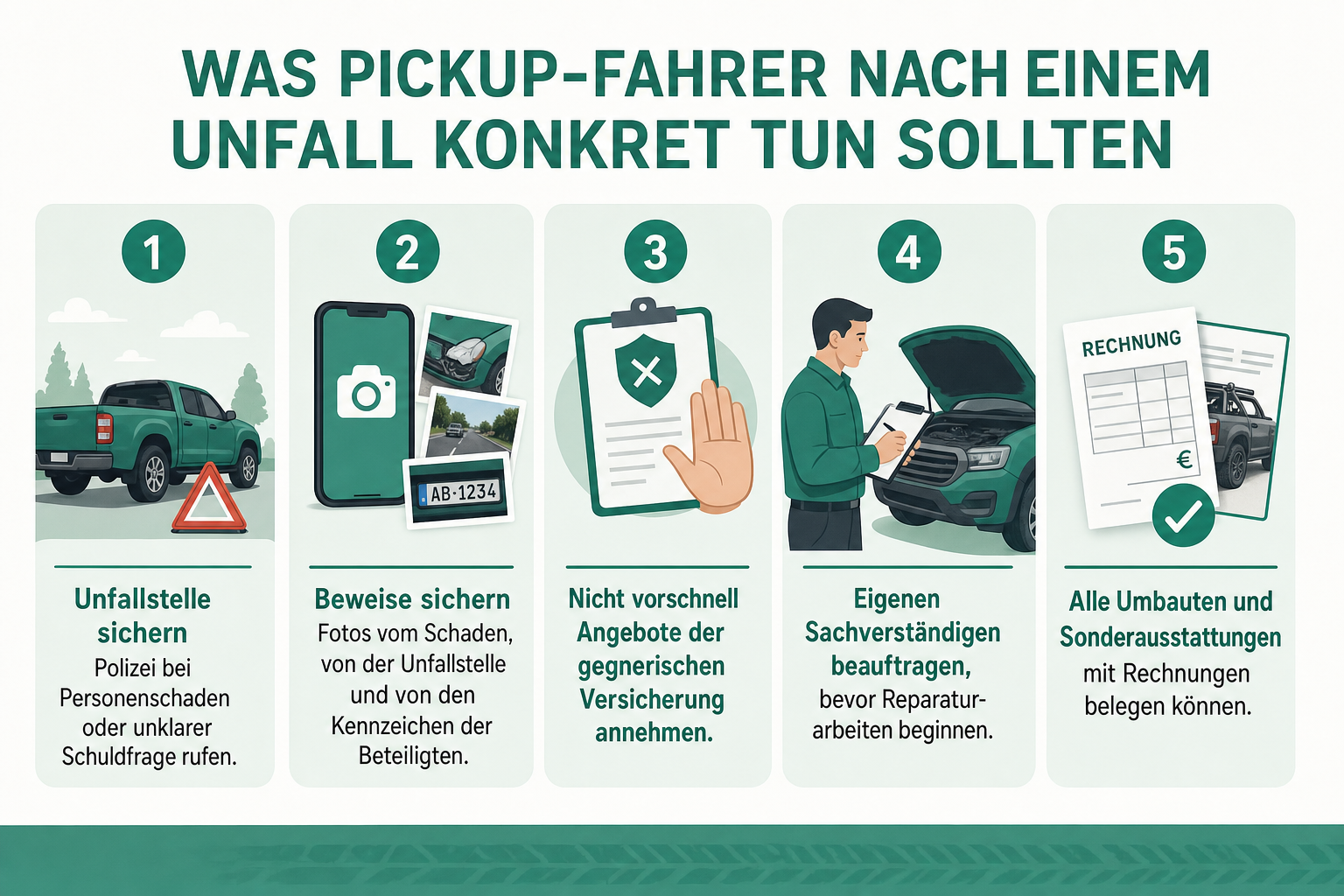 Infografik: Was Pickup-Fahrer nach einem Unfall konkret tun sollten 1. Unfallstelle sichern, Polizei bei Personenschaden oder unklar...