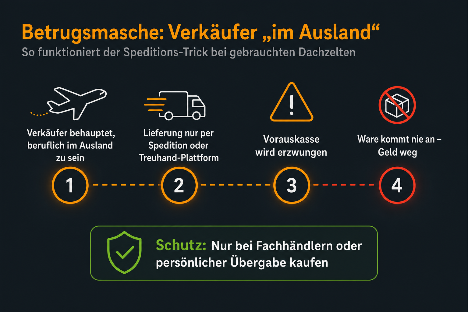 Infografik zur Betrugsmasche beim Kauf gebrauchter Dachzelte: Verkäufer gibt Auslandsaufenthalt vor, verlangt Versand und Vorkasse – Ware wird nicht geliefert. Empfehlung: Nur bei Fachhändlern oder per persönlicher Übergabe kaufen.