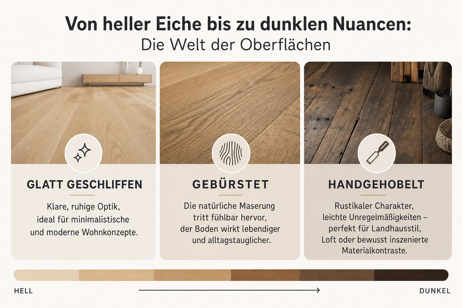 Infografik: Von heller Eiche bis zu dunklen Nuancen: Die Welt der Oberfl&auml;chen - Glatt geschliffen: Klare, ruhige Optik, ideal f&uuml;r mi...