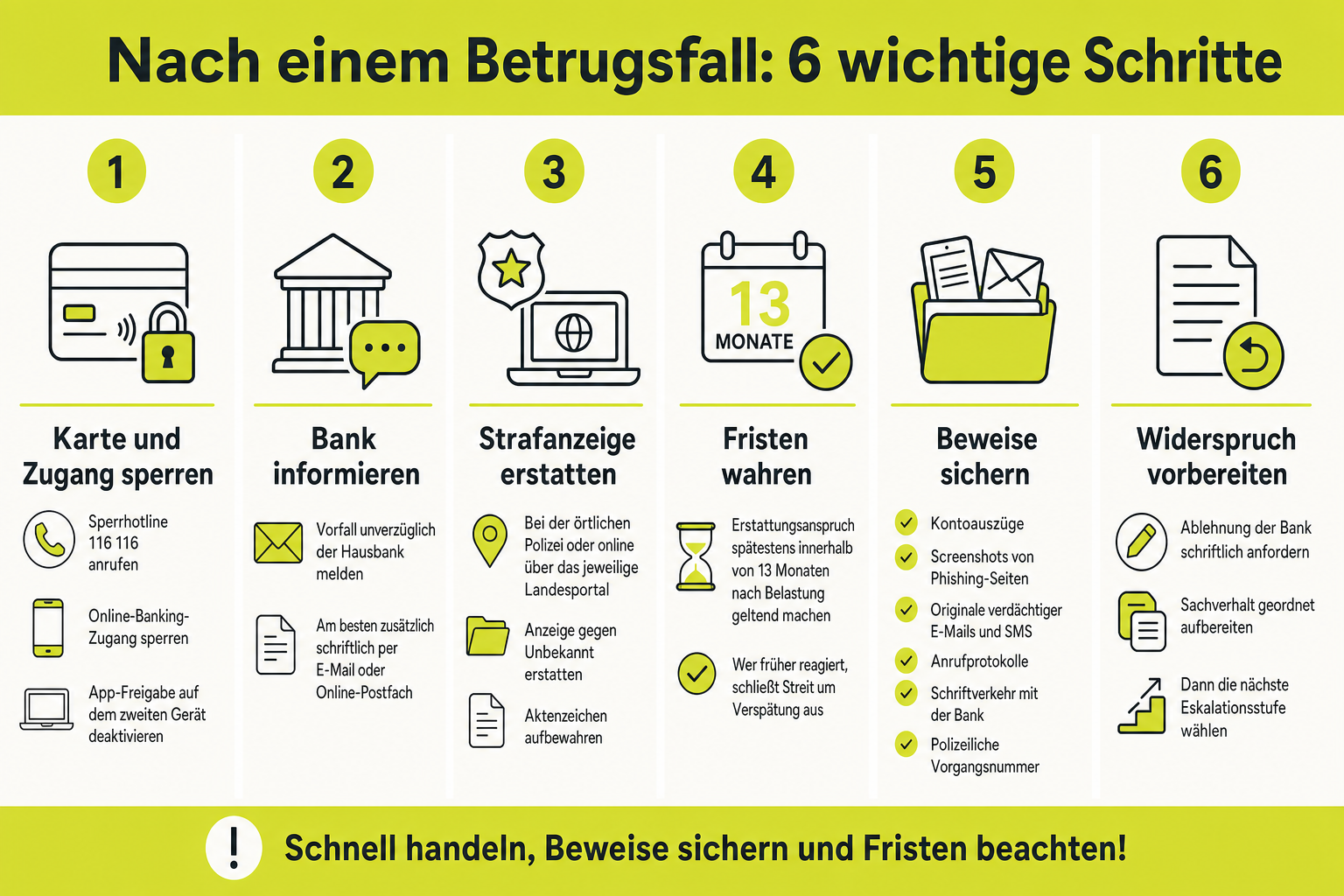 Infografik: Welche Schritte sind nach einem Betrugsfall wichtig? 1. Karte und Zugang sperren. Sofort die Banking-Karte und den Onlin...