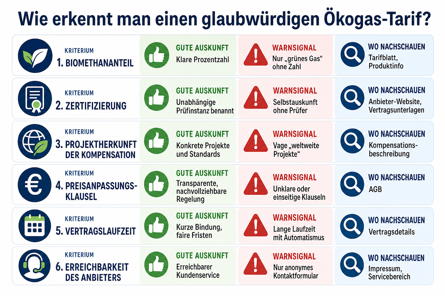 Infografik: Wie erkennt man einen glaubwürdigen Ökogas-Tarif? Prüfkriterien mit guter Auskunft und Warnsignal: Biomethananteil, Zertifizierung, Projektherkunft der Kompensation, Preisanpassungsklausel, Vertragslaufzeit, Erreichbarkeit des Anbieters sowie Unternehmensgröße und Stabilität