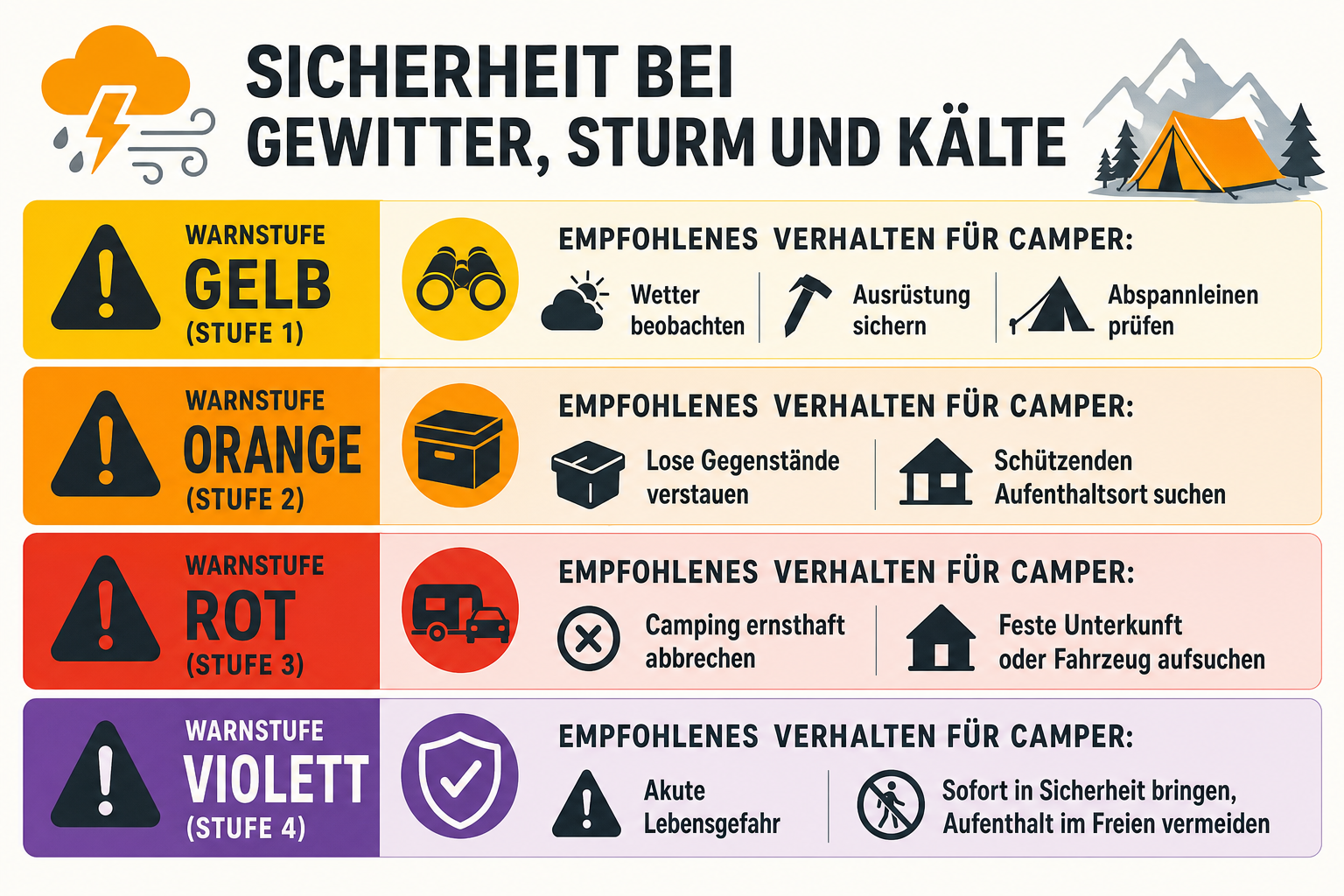 Infografik: Sicherheit bei Gewitter, Sturm und Kälte Warnstufe: Gelb (Stufe 1) | Empfohlenes Verhalten für Camper: Wetterbeobachtung...